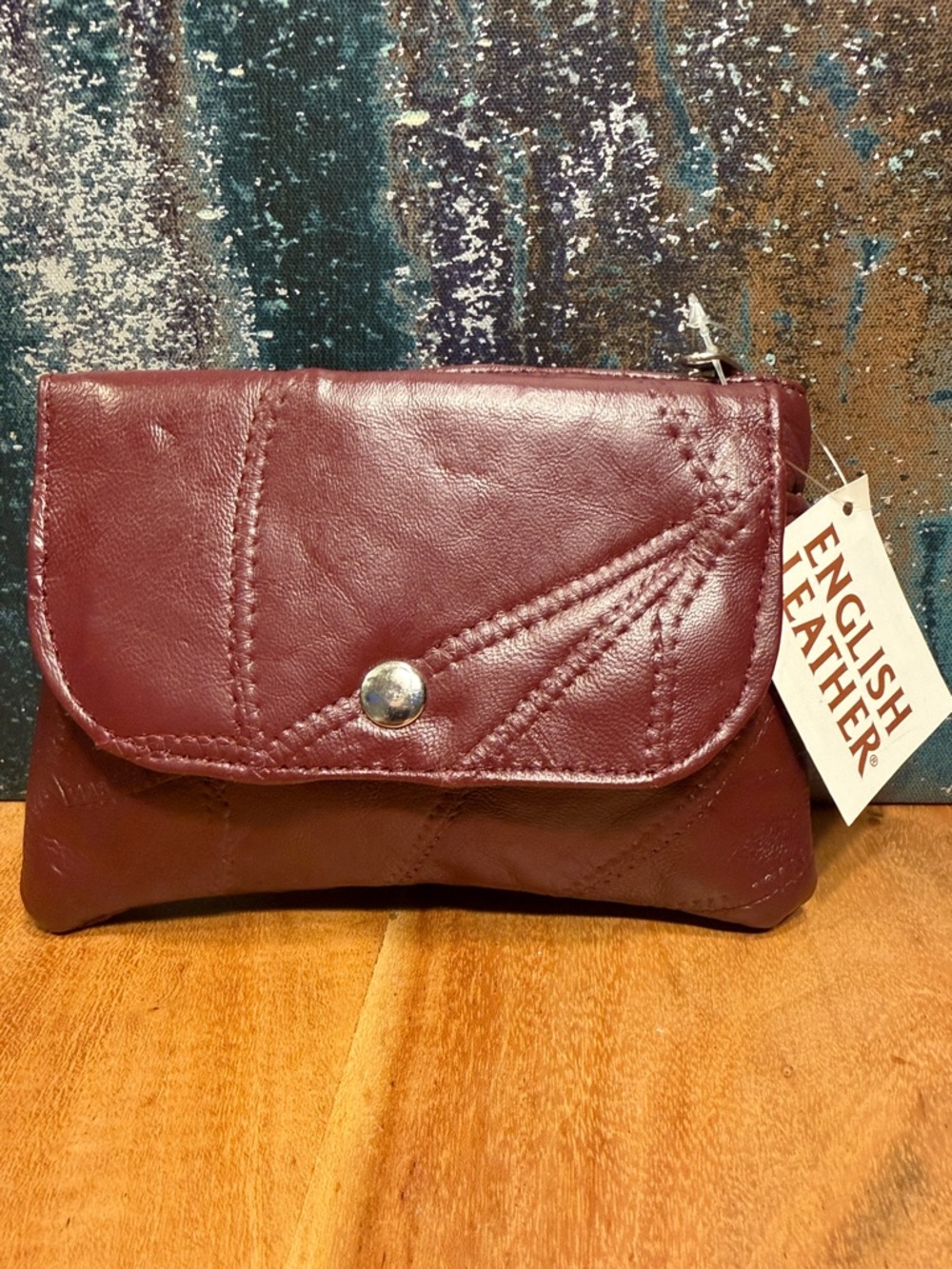 English Leather Quiet Luxury Patchwork Leather Coin Purse Wallet Burgundy NWT’s